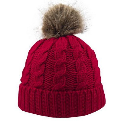 Cable Knit Beanie w/Faux Fur Pom