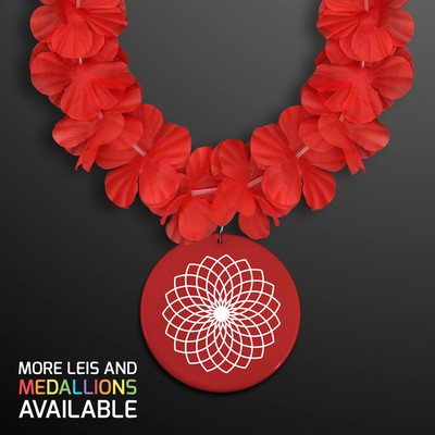 Red Flower Lei Necklace with Red Medallion (Non-Light Up) - PRINTED