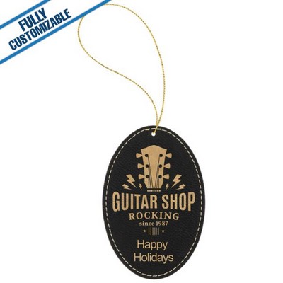 Black & Gold Leatherette - Ornament With Gold String - Oval