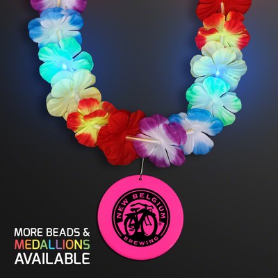 Rainbow Lei LED Flower Necklace with Pink Medallion - PRINTED