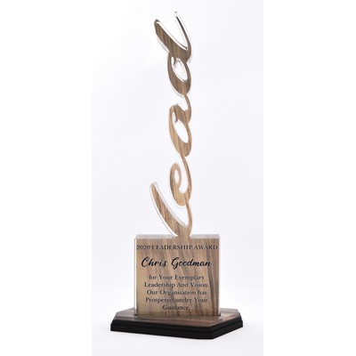 Vertical word on 3 tier asymmetric base with full color imprint. Overall size 12" tall.