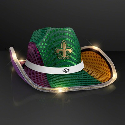 Light Up Mardi Gras Cowboy Hat with White Band - PRINTED