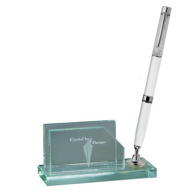 White Pen Set w/Business Card Holder