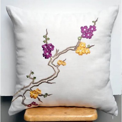 15.75 x 15.75" Embroidery Premium Square Linen Throw Pillowcase With Hidden Zipper