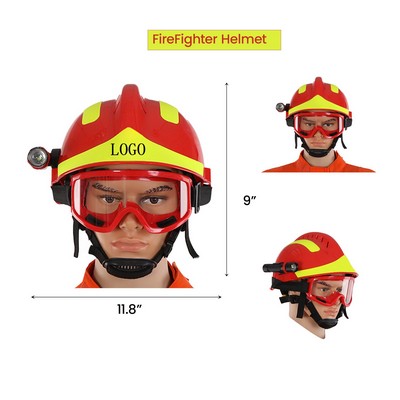 Red firefighter helmet with flashlight and goggles