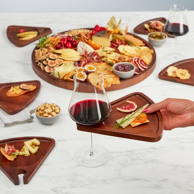 Wine Enthusiast Acacia Wood Serving Board/Cocktail Appetizer Plate w/Wine Glass Holder (7-Piece Set)