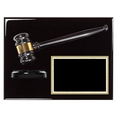 Ebony Piano Finish Gavel Plaque with Gavel Block and Black Engraved Plate
