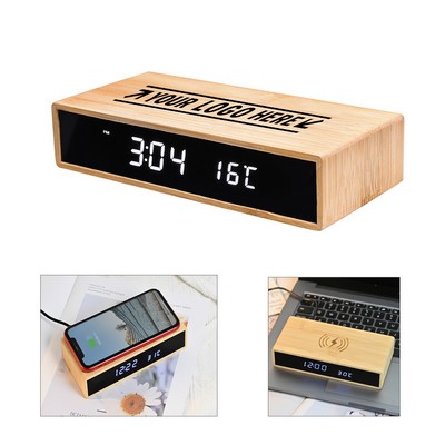 Wireless Charging Multifunction Bamboo Digital Alarm Clock Ultra Thin Smart Mirror Clock
