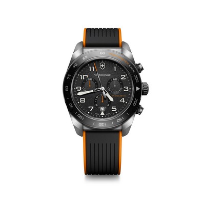 Swiss Army Chrono 42mm, silver case, black bezel/dial, black rubber strap