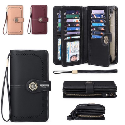 Women's Wallet with Wristlet Strap, Multi-Card Holder Clutch with Zipper, Large Capacity