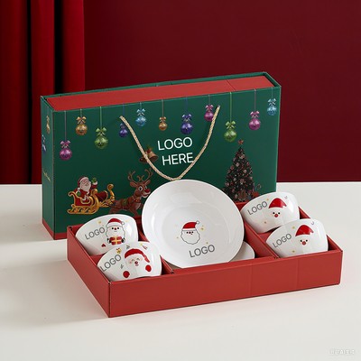 Christmas Ceramic Bowl and Plate Set 4 Bowls 2 Plates Santa Tableware Gift Box