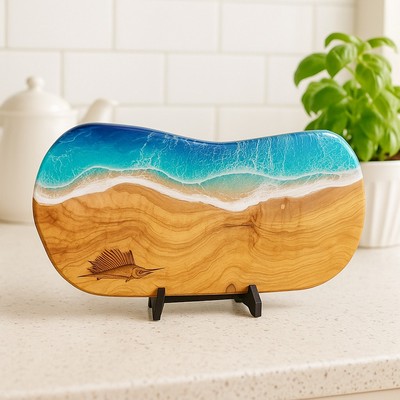 Olive Wood Cutting Board With Ocean Resin & Engraving