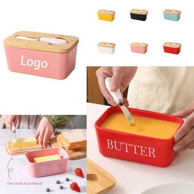 Kitchen Ceramic Butter Dish with Bamboo Lid & Knife