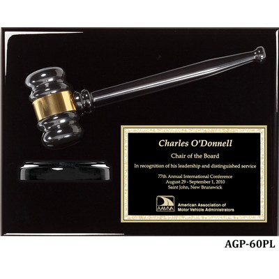 Ebony Black Piano Finish Gavel Plaque with Matching Gavel with Black Brass Plate , 9"x12"