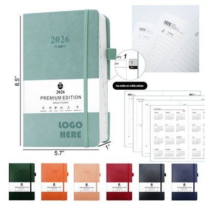2026 Full-Year Comprehensive Planner Notebook with Ribbon Marker & Elastic Closure