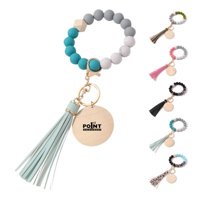 Silicone Beaded Wood Tag Wristlet Keychain With Tassel