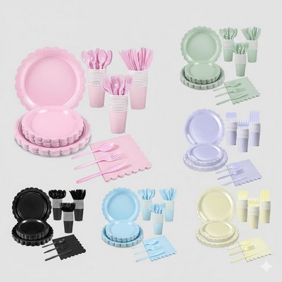 Elegant Scalloped Lace Girl's Birthday Party Set Solid Color Decorative Paper Cups, Napkins
