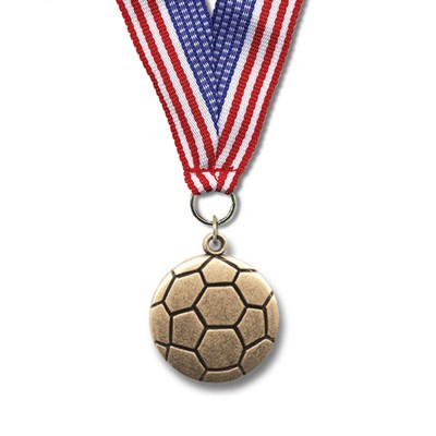 Soccer Ball Cast CX Medal w/Grosgrain Neck Ribbon (1 1/8")