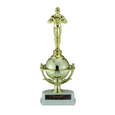 10 ¾" Gold Globe Trophy w/White Plastic Base & Figure Mount