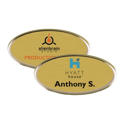 Gold Framed Oval Name Badge w/Full Color Imprint & Personalization (2 3/8" x 1 1/8")