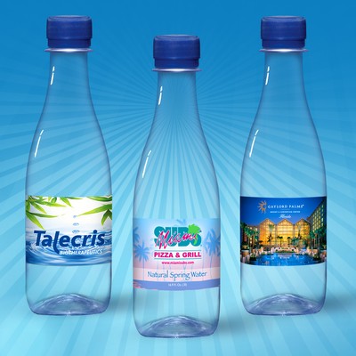 12 Oz. Water In Clear "Glastic" Bottle w/Full Color Label & Blue Cap