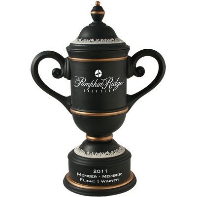 Black/Gold Custom Ceramic Trophy Cup w/Handles & Lid