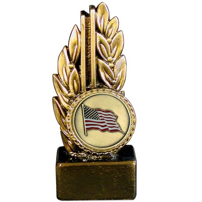 Stock 7" Laurel Trophy With 2" US Flag Coin and Engraving Plate