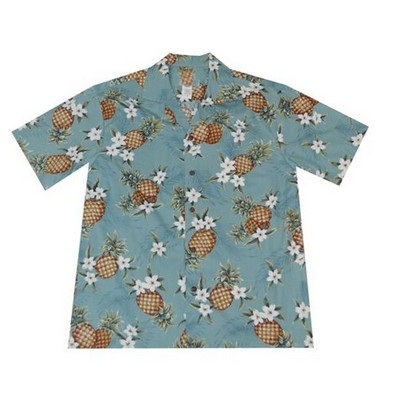 Blue Hawaiian Shirt (S - 3XL in-stock) - 100% Cotton Poplin Tropical Print w/ Coconut Buttons