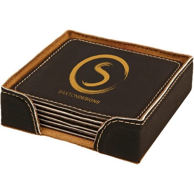 Square Coaster Set with 6 pcs, Black Faux Leather, Engraved, 4" x 4"