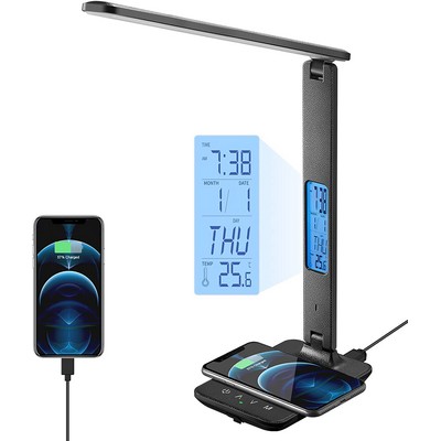 Desk Lamp with Wireless Charger, USB Charging Port, Table Lamp with Clock, Alarm