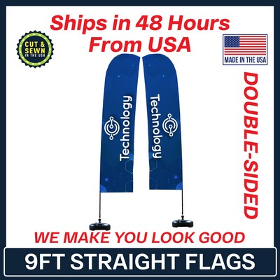 9' Double Sided Premium Straight Flag w/Plastic Water Base & Carry Bag - Made in the USA