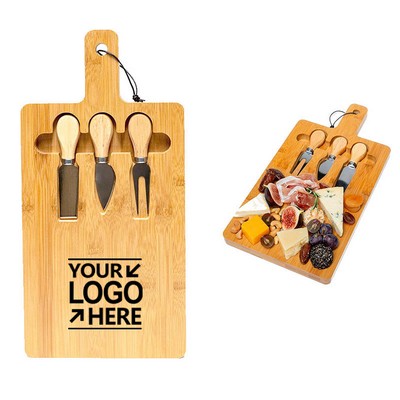 Bamboo Cutting Board For Cheese & Charcuterie w/Handle & Knife Set