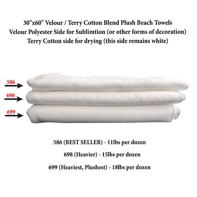 Heaviest Weight, Plush Velour Terry Cotton Blend White Beach Towel, (30"x60"), Blank Only