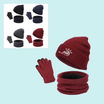 Soft , Ribbed Cuffed Beanie Glove Scarves Set for Men and Women