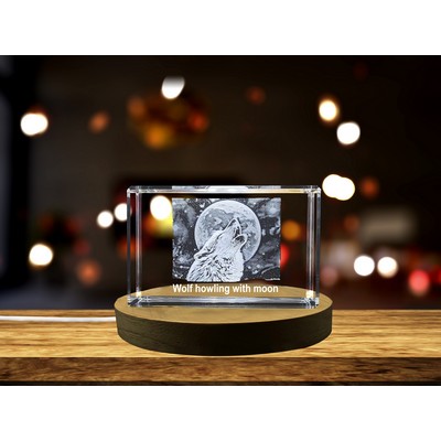 Wolf Howling Engraved Crystal Trophy Award w/LED Base Light