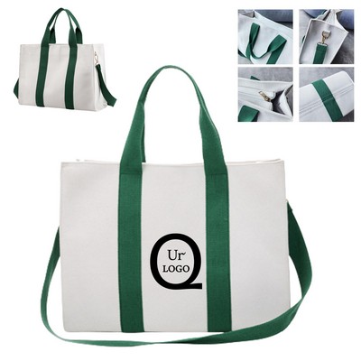 Zipper Closure Canvas Tote Bag w/ Removable Shoulder Strap
