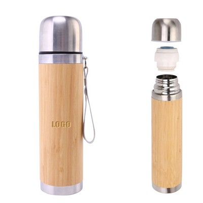 17 oz Double Wall Insulation Stainless Steel Bamboo Bottle with Straw Lid