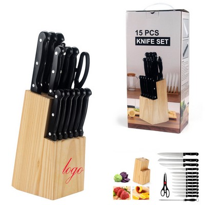 15-Piece Stainless Steel Knife Set with Wooden Block