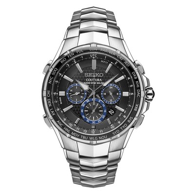 Seiko Watch Mens Coutura Solar Radiowave Chronograph Silver Case Black Dial