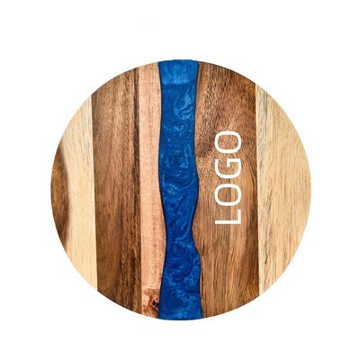 Acacia Round Serving Tray with Epoxy Resin Ocean Wave