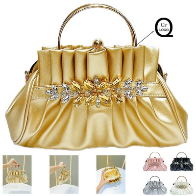 Brilliant Diamond-Adorned Pu Pleated Clutch Bag