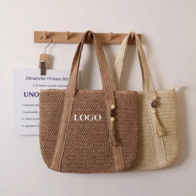 Eco-Friendly Woven Straw Beach Tote Bag with Tassels and Zipper Closure