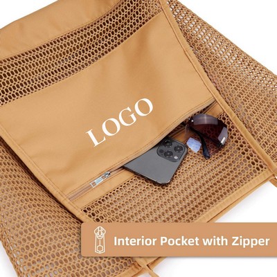 Large Mesh Utility Beach Tote with 4 Exterior Pockets & Waterproof Bottom