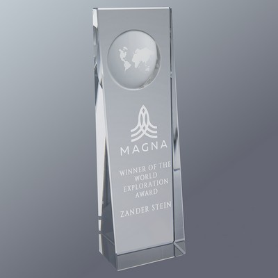 Crystal Slant Front Rectangle with Engraved Globe, 2-3/4x8-3/4"H