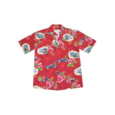 Red Christmas Hawaiian Cotton Poplin Shirt w/Button Front & Short Sleeves