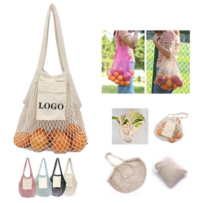 Reusable Cotton Mesh Market Tote with Storage Pocket