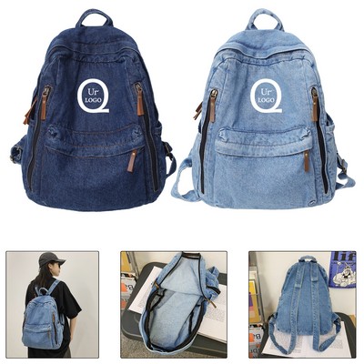 Multifunctional Denim Zipper Pocket School Backpack