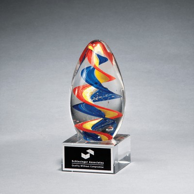Colorful Egg-Shaped Art Glass on Clear Base, 6"H