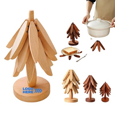 Tree-Shaped Wood Coaster Set w/4 Stackable Pads