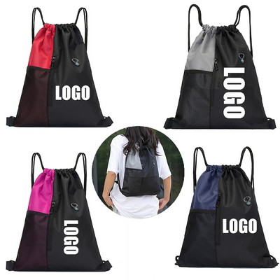 Versatile Sports Drawstring Backpack With Zipper Pocket Mesh Side Pocket Custom Logo Option